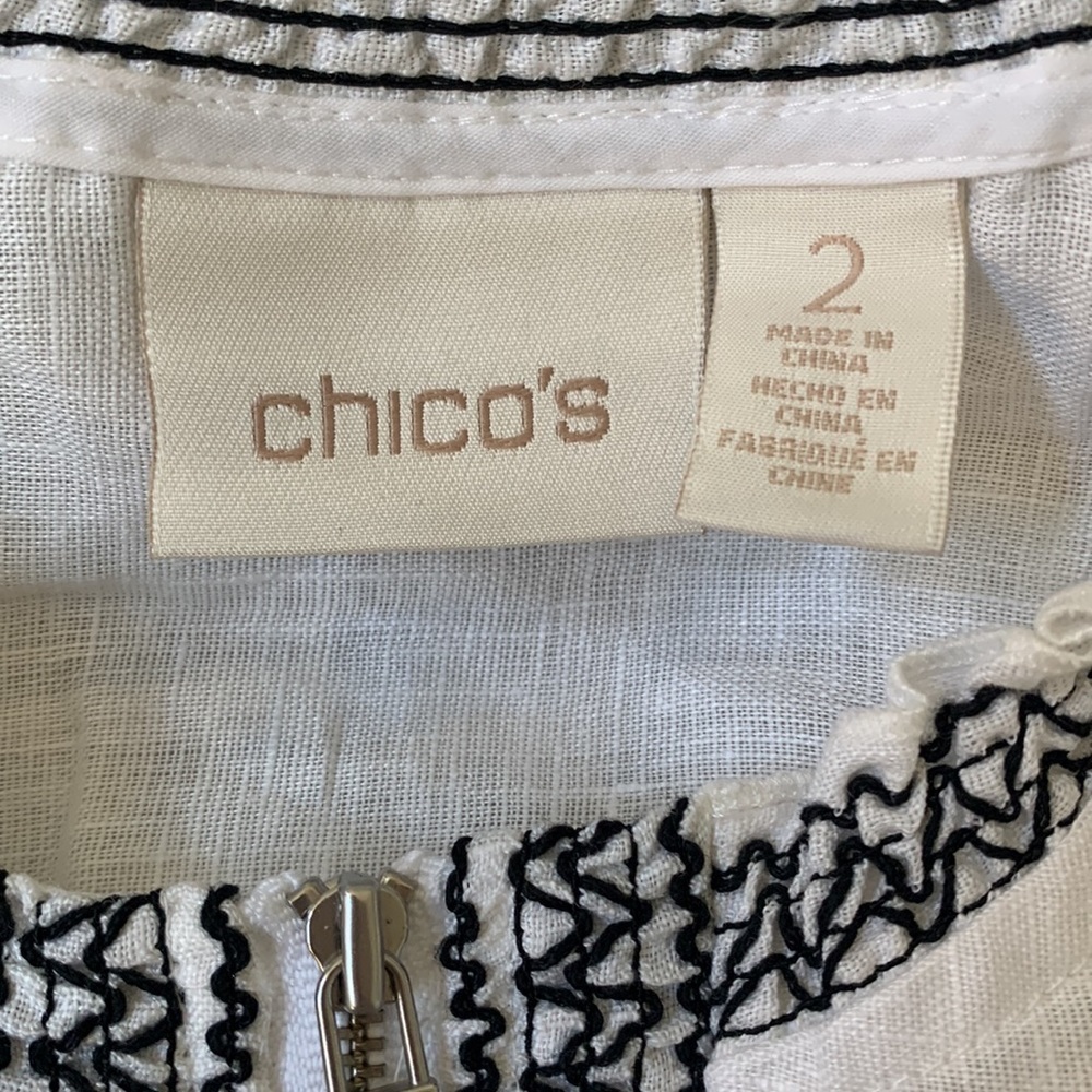 Chicos Black White Linen Embroidered Aztec Bomber Jacket Size 2 or Large - Picture 6 of 8